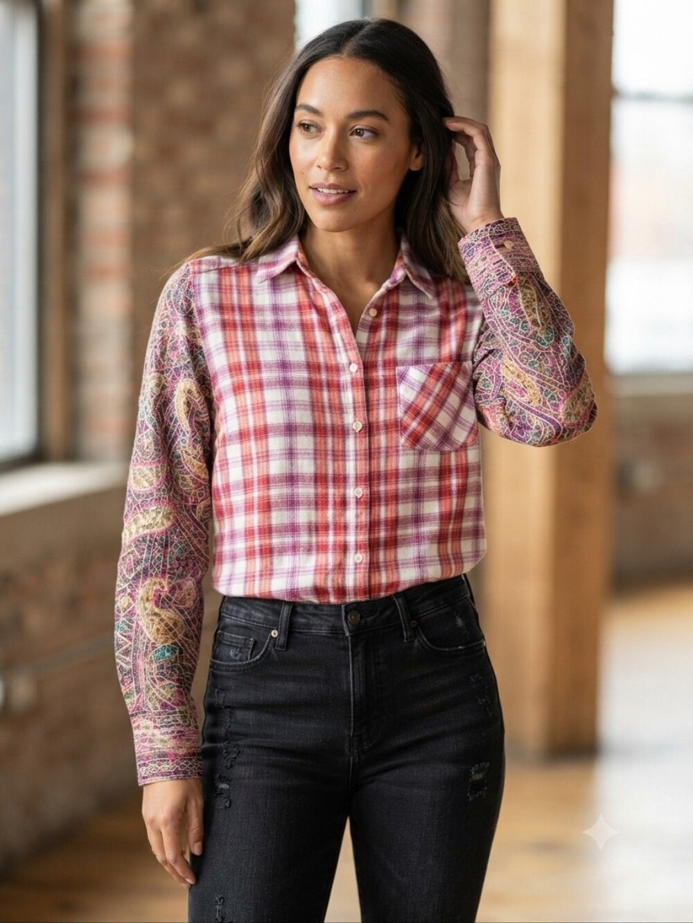 Anthropologie Holding Horses Plaid Button-Front Shirt Embroidered Sleeves  Sz M